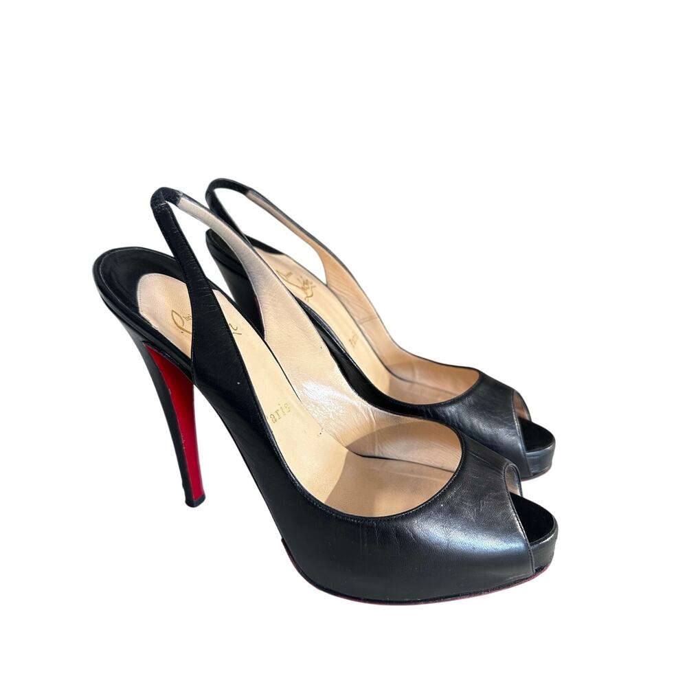 Christian Louboutin Black Leather Peep Toe Platform Slingback Pumps